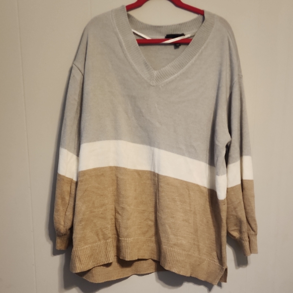 Lane Bryant V-Neck Sweater - Gray, White, Tan